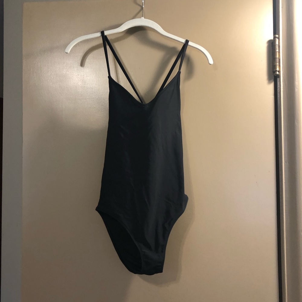 Aerie black, strappy one-piece swimsuit.